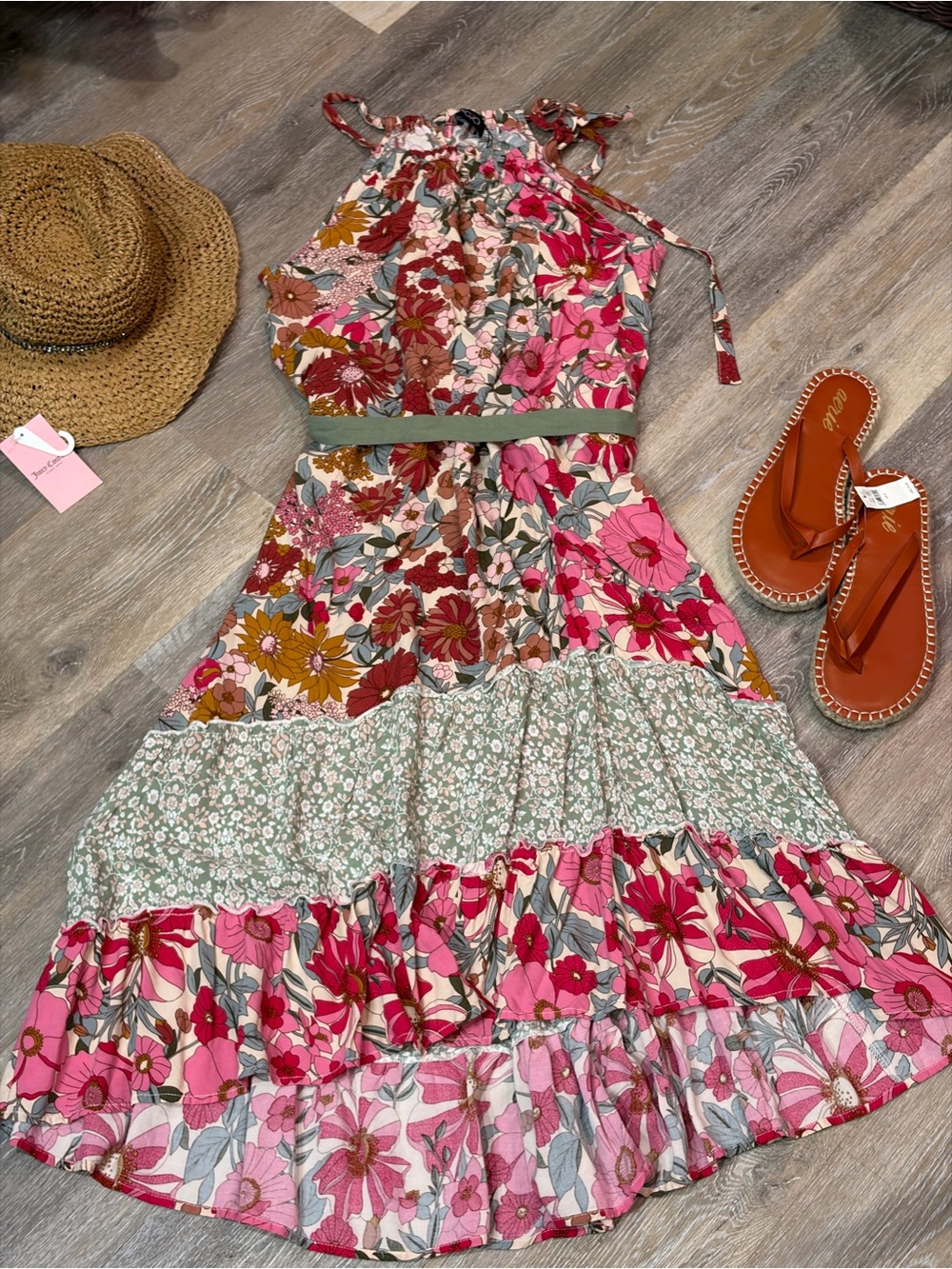 Floral Tiered boho Maxi Dress in Pink and Green patchwork